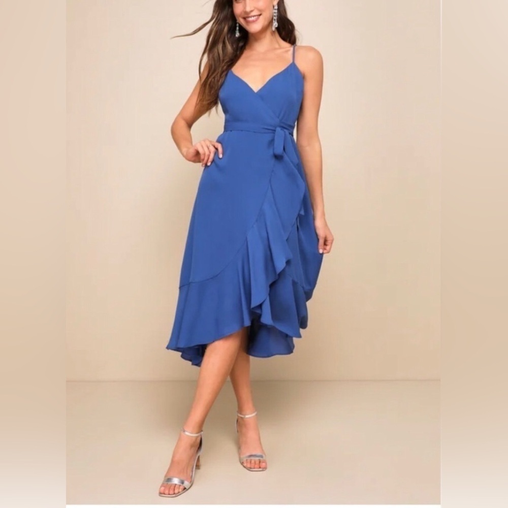 Lulus Manhattan Moment Blue Ruffled Midi Wrap Dress Size XS